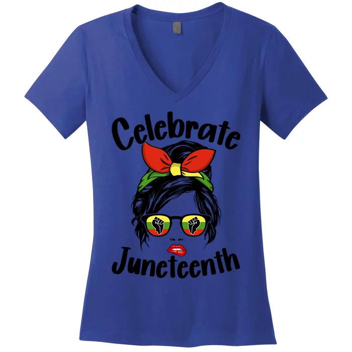 Black Celebrate Juneteenth Messy Bun Indepedence Day Funny Gift Women's V-Neck T-Shirt