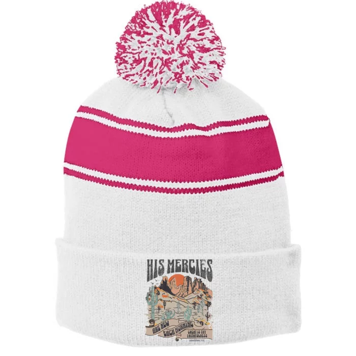 Boho Christian Jesus Apparel Faith Based His Mercies Are New Stripe Pom Pom Beanie