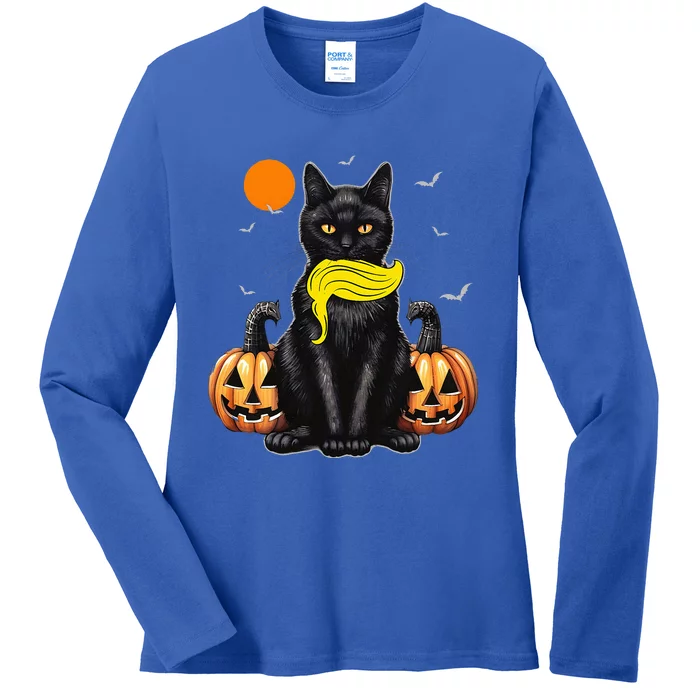 Black Cat Kamala Harris Halloween Trump Hair Ladies Long Sleeve Shirt