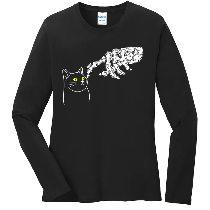 Black Cat Lover Skeleton Hand Ladies Long Sleeve Shirt