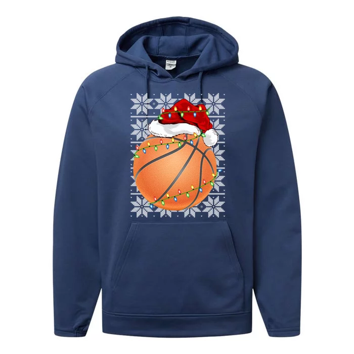 Basketball Christmas Lights Santa Hat Basketball Ugly Xmas Gift Performance Fleece Hoodie