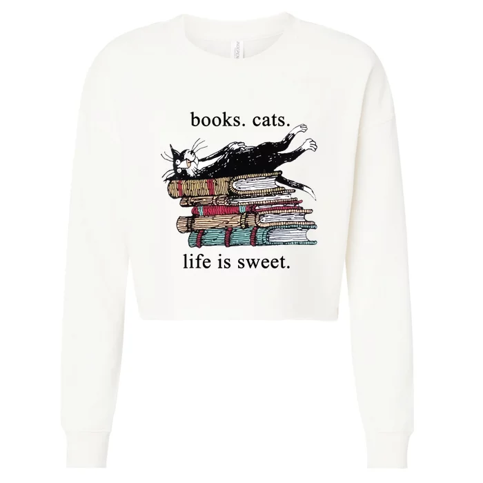 Book Cat Life Is Sweet Cute Cat Lover Cropped Pullover Crew