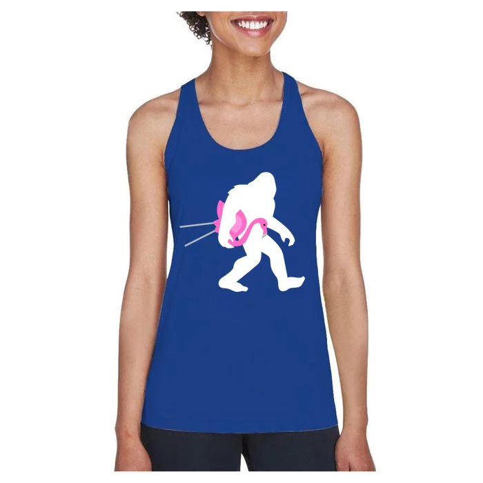 Bigfoot Carrying Lawn Flamingo Funny Sasquatch Gift Women's Racerback Tank