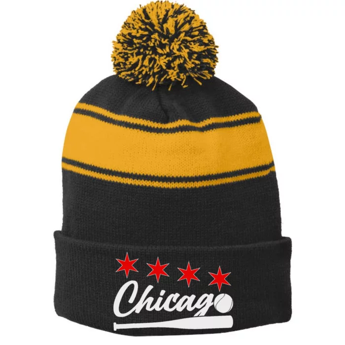 Baseball Chicago Lover Cute Chicago Baseball Bat American Stripe Pom Pom Beanie