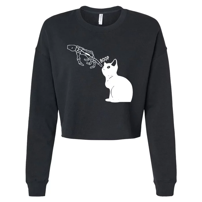 Black Cat Lover Skeleton Hand Boop Cropped Pullover Crew