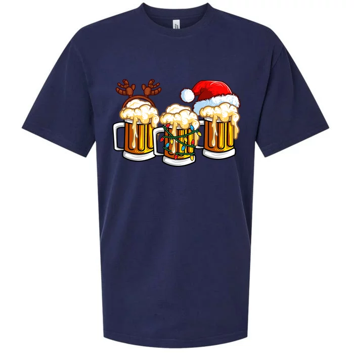 Beer Christmas Mug Santa Hat Reinbeer Xmas Lights Gift Meaningful Gift Sueded Cloud Jersey T-Shirt