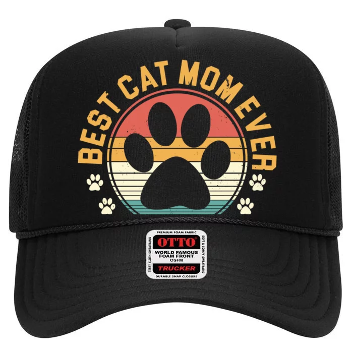 Best Cat Mom Ever Retro Sunset High Crown Mesh Trucker Hat