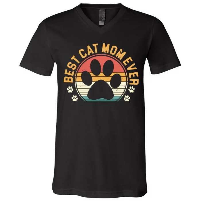 Best Cat Mom Ever Retro Sunset V-Neck T-Shirt