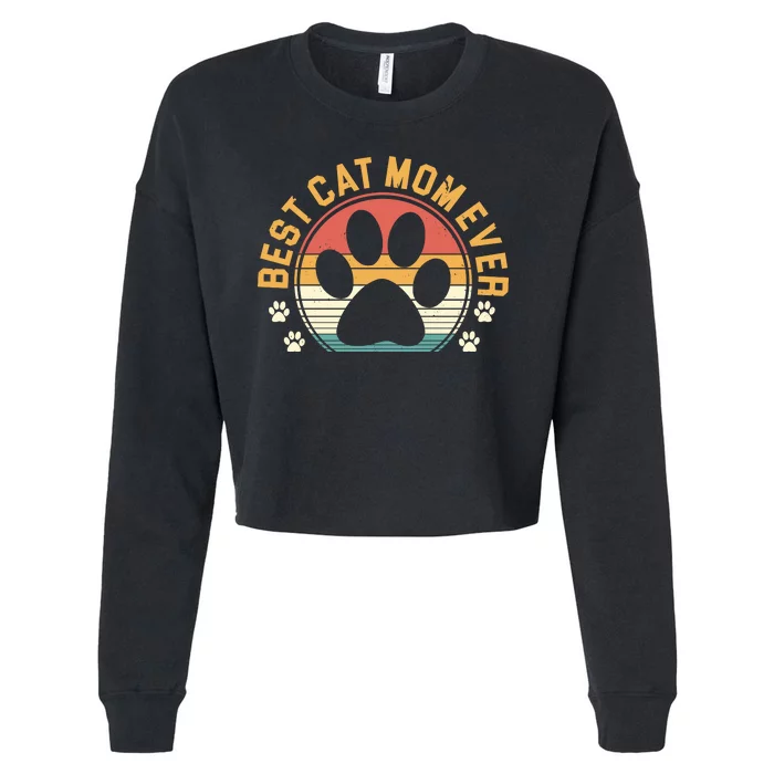 Best Cat Mom Ever Retro Sunset Cropped Pullover Crew