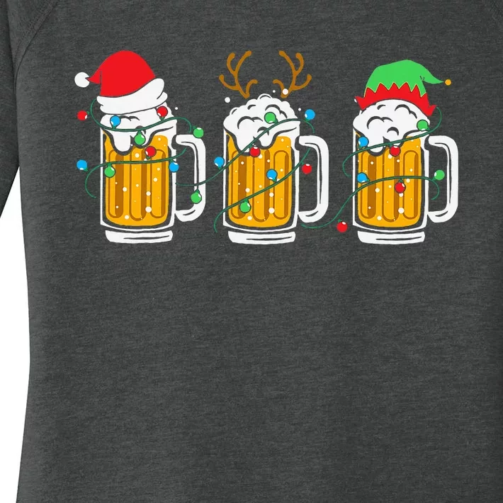 Beer Christmas Mug Santa Reinbeer Xmas Tree Lights Women's Perfect Tri Tunic Long Sleeve Shirt