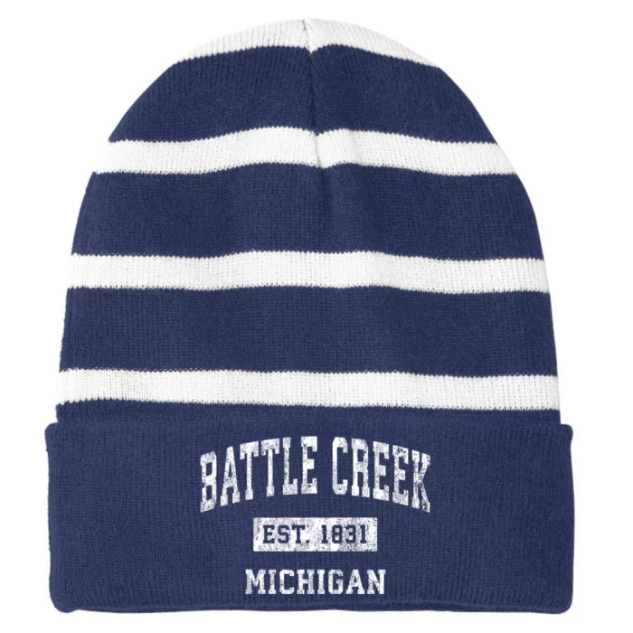 Battle Creek Michigan Mi Vintage Sports Striped Beanie with Solid Band