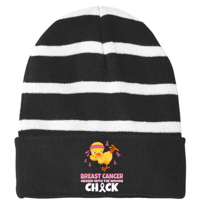 Breast Cancer Messed With The Wrong Chick Striped Beanie with Solid Band