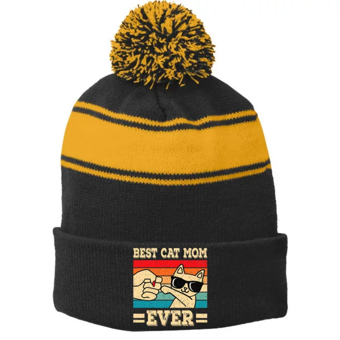 Best Cat Mom Ever Funny Cat Retro Vintage Cat Lover Stripe Pom Pom Beanie