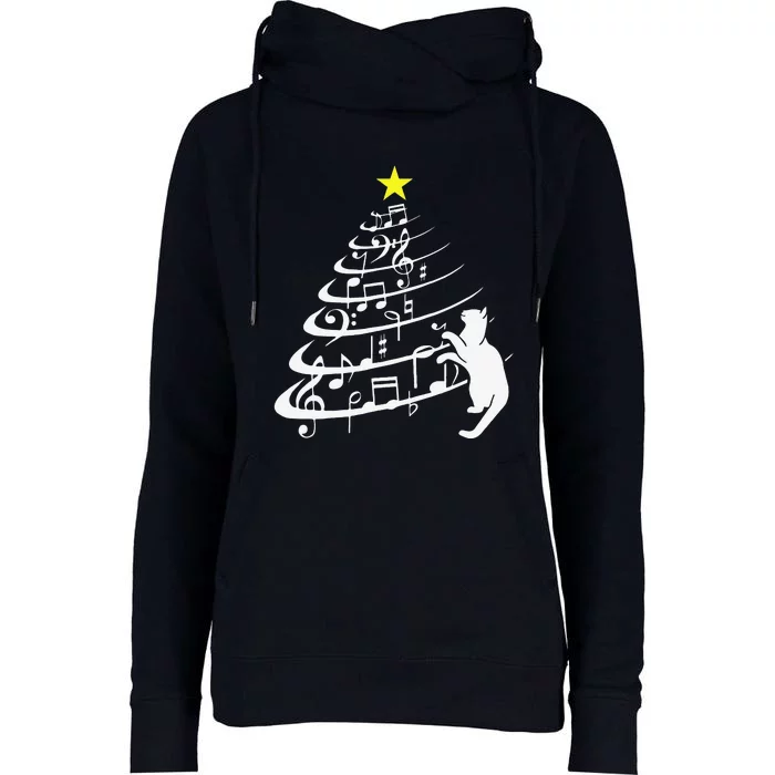 Black Cat Music Note Christmas Musician Feline Lover Womens Funnel Neck Pullover Hood