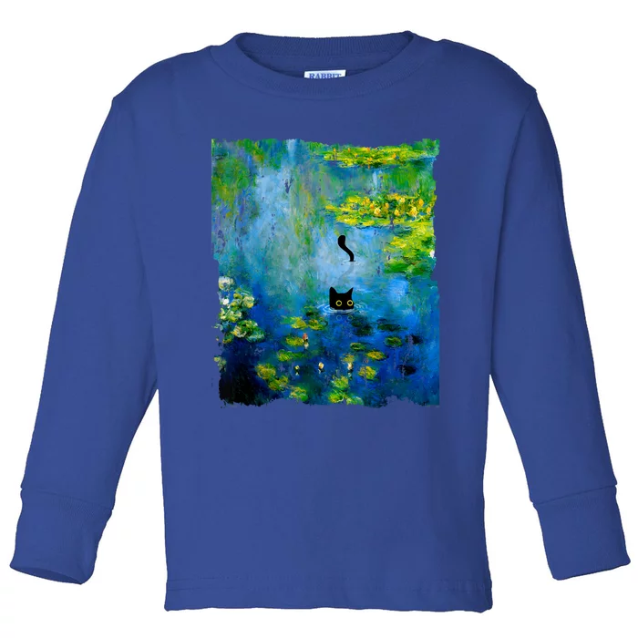 Black Cat Monets Waterlily Painting Art Cat Toddler Long Sleeve Shirt