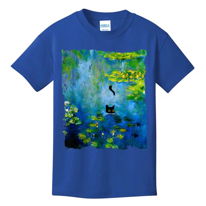 Black Cat Monets Waterlily Painting Art Cat Kids T-Shirt