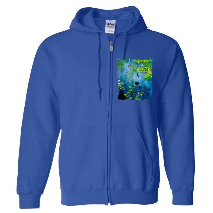 Black Cat Monets Waterlily Painting Art Cat Full Zip Hoodie