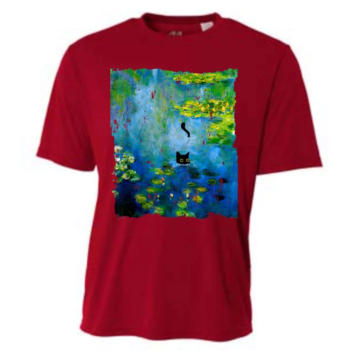 Black Cat Monets Waterlily Painting Art Cat Cooling Performance Crew T-Shirt