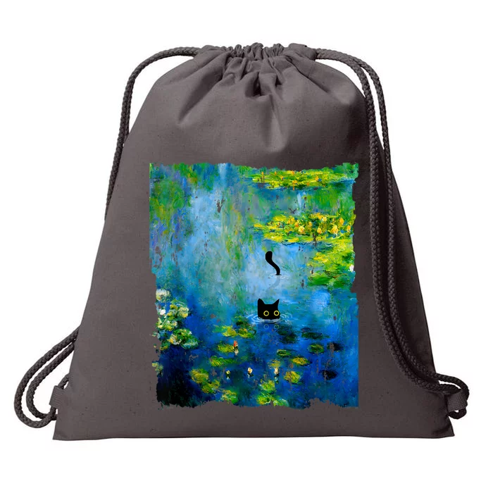 Black Cat Monets Waterlily Painting Art Cat Drawstring Bag