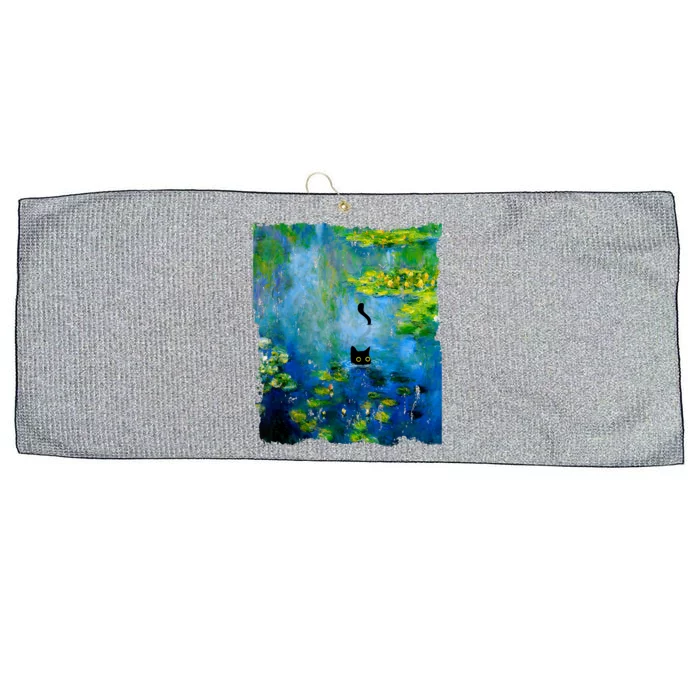 Black Cat Monets Waterlily Painting Art Cat Large Microfiber Waffle Golf Towel