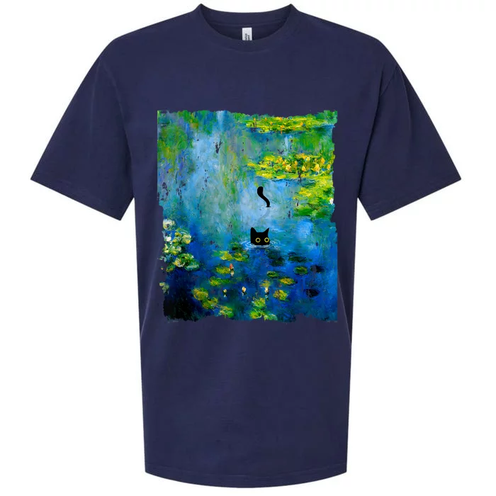 Black Cat Monets Waterlily Painting Art Cat Sueded Cloud Jersey T-Shirt