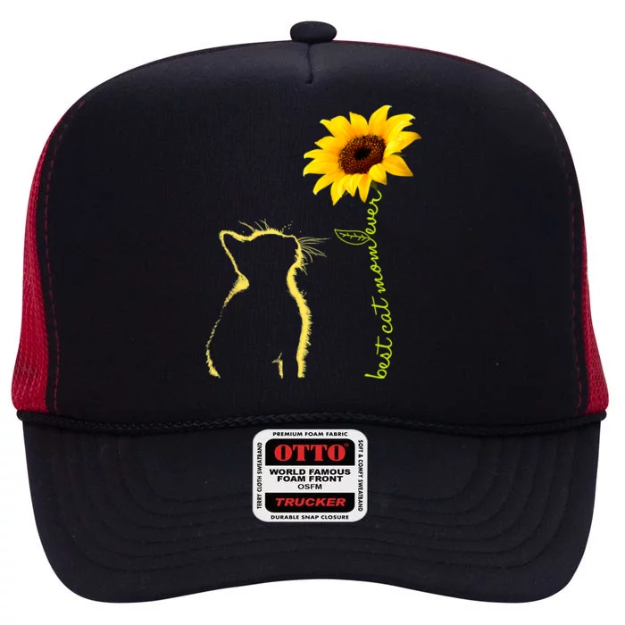 Best Cat Mom Ever Sunflower Mothers Day Gifts For Cat Lover High Crown Mesh Trucker Hat