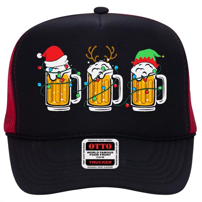 Beer Christmas Mug Santa Reinbeer Xmas Tree Lights Funny Funny High Crown Mesh Trucker Hat