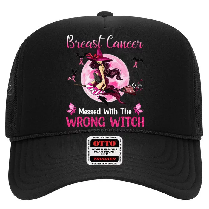 Breast Cancer Messed With The Wrong Pink Witch Hat Halloween High Crown Mesh Trucker Hat