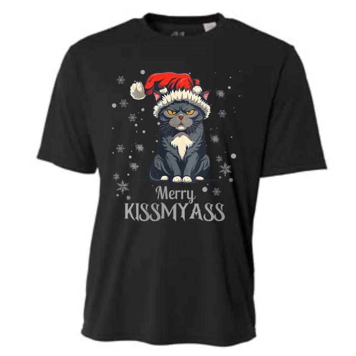 Black Cat Merry Kissmyass Christmas Pajamas Funny Catmas Cooling Performance Crew T-Shirt