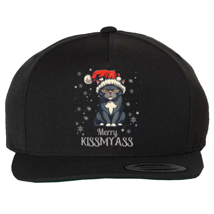 Black Cat Merry Kissmyass Christmas Pajamas Funny Catmas Wool Snapback Cap