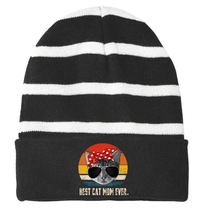 Best Cat Mom Ever Vintage Retro Cat Mommy Cat Mother Striped Beanie with Solid Band