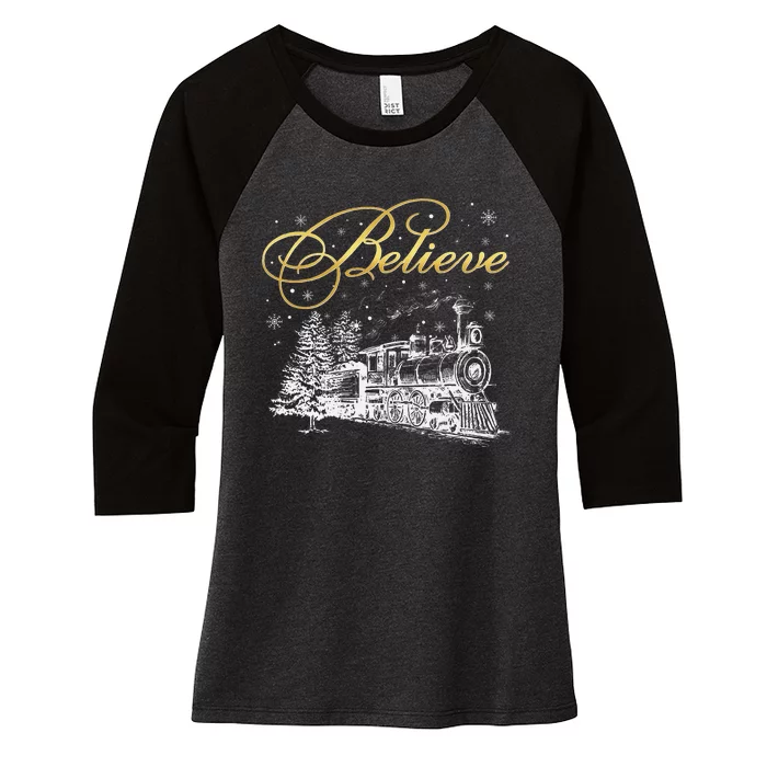 Believe Christmas North Pole All Abroad Family Women's Tri-Blend 3/4-Sleeve Raglan Shirt