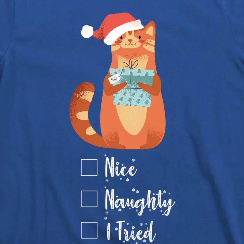 Black Cat Nice Naughty I Tried Funny SantaS List Xmas Cat Great Gift T-Shirt