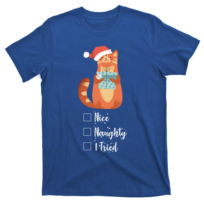 Black Cat Nice Naughty I Tried Funny SantaS List Xmas Cat Great Gift T-Shirt