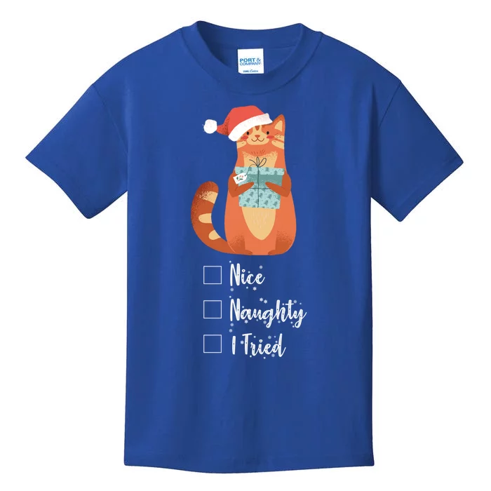 Black Cat Nice Naughty I Tried Funny SantaS List Xmas Cat Great Gift Kids T-Shirt