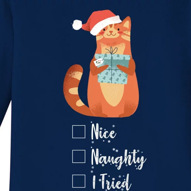 Black Cat Nice Naughty I Tried Funny SantaS List Xmas Cat Great Gift Baby Long Sleeve Bodysuit