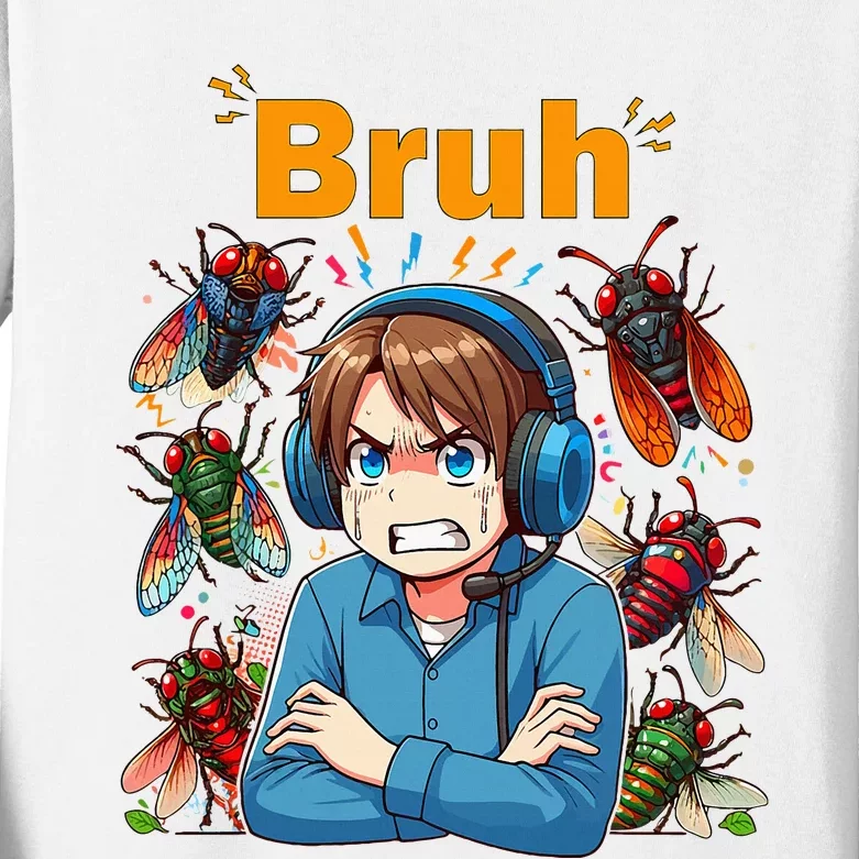 Bruh Cicadas Noise Funny Headset Cicada 2024 Cicada Killer Kids Long Sleeve Shirt