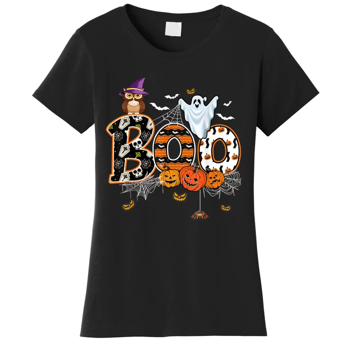 Boo Creepy Owl Pumpkin Ghost Funny Halloween Costume Women's T-Shirt