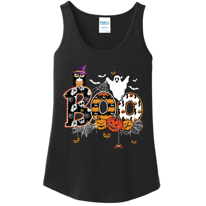 Boo Creepy Owl Pumpkin Ghost Funny Halloween Costume Ladies Essential Tank