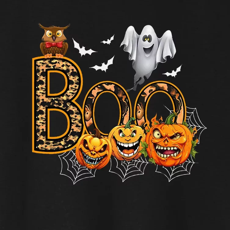 Boo Creepy Owl Pumpkin Ghost Funny Halloween Costume Women's Crop Top Tee