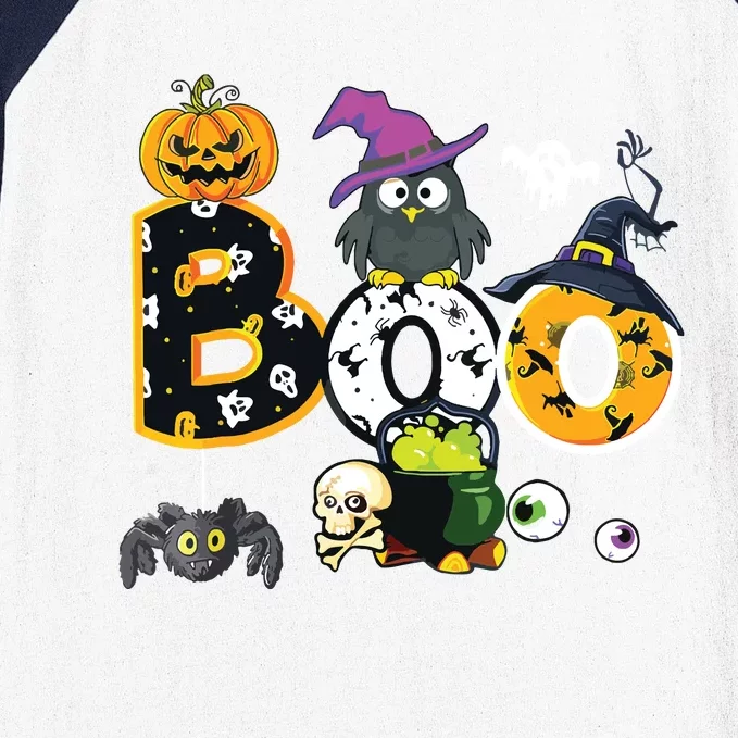 Boo Creepy Owl Pumpkin Ghost Halloween Kids Baseball Sleeve Shirt