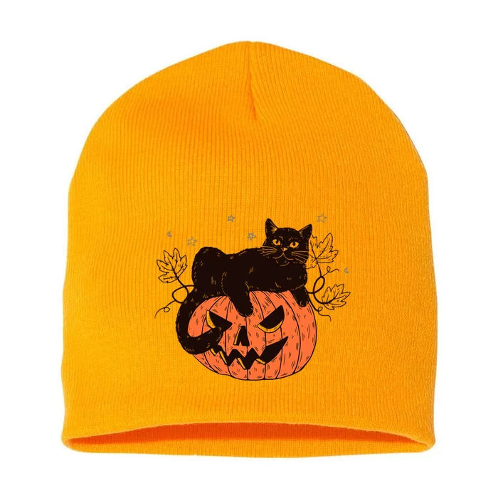 Black Cat On Pumpkin Face Halloween Costume Spooky Season Gift Short Acrylic Beanie