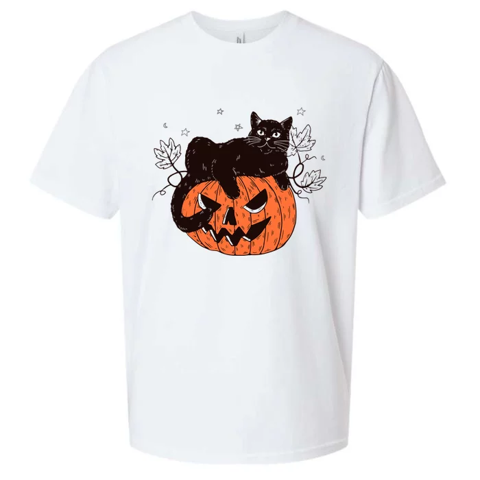 Black Cat On Pumpkin Face Halloween Costume Spooky Season Gift Sueded Cloud Jersey T-Shirt