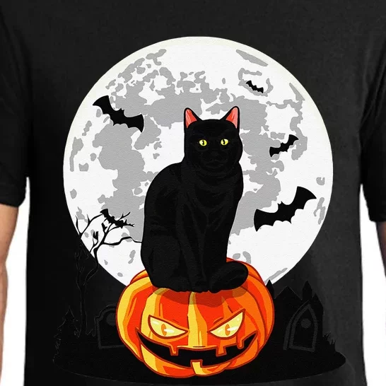 Black Cat On Pumpkin Full Moon Halloween Costume Pajama Set