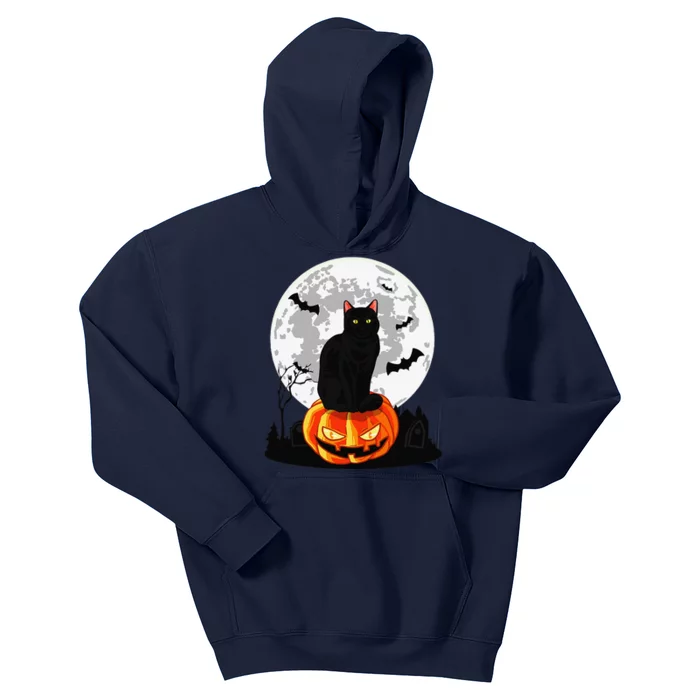 Black Cat On Pumpkin Full Moon Halloween Costume Kids Hoodie