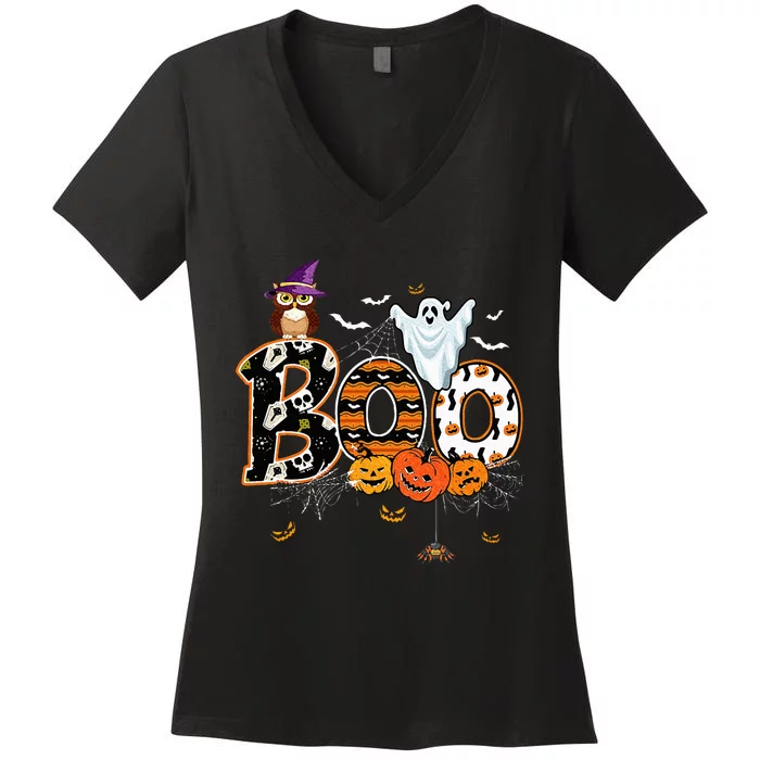 Boo Creepy Owl Pumpkin Ghost Funny Halloween Costume Women's V-Neck T-Shirt