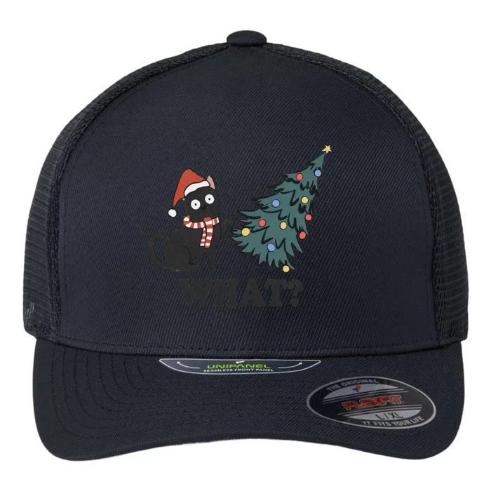 Black Cat Pushing Christmas Tree Over Cat What Christmas Flexfit Unipanel Trucker Cap