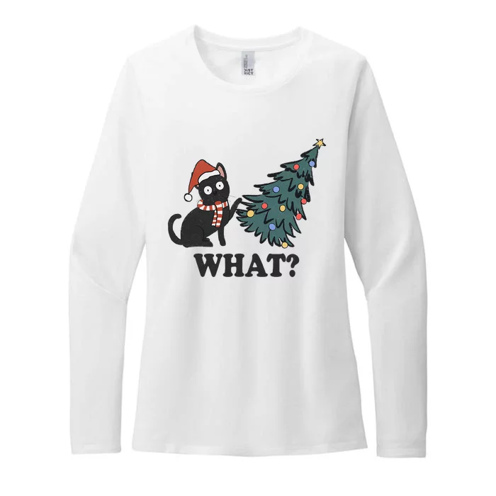 Black Cat Pushing Christmas Tree Over Cat What Christmas Womens CVC Long Sleeve Shirt