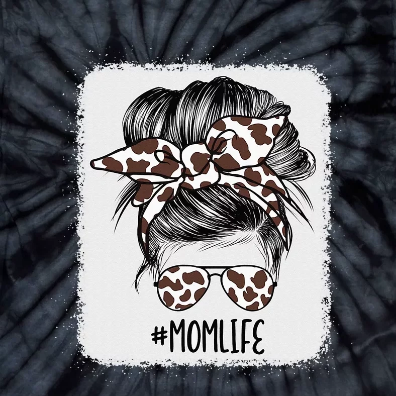 Brown Cow Print Mom Life Messy Bun Hair Tie-Dye T-Shirt