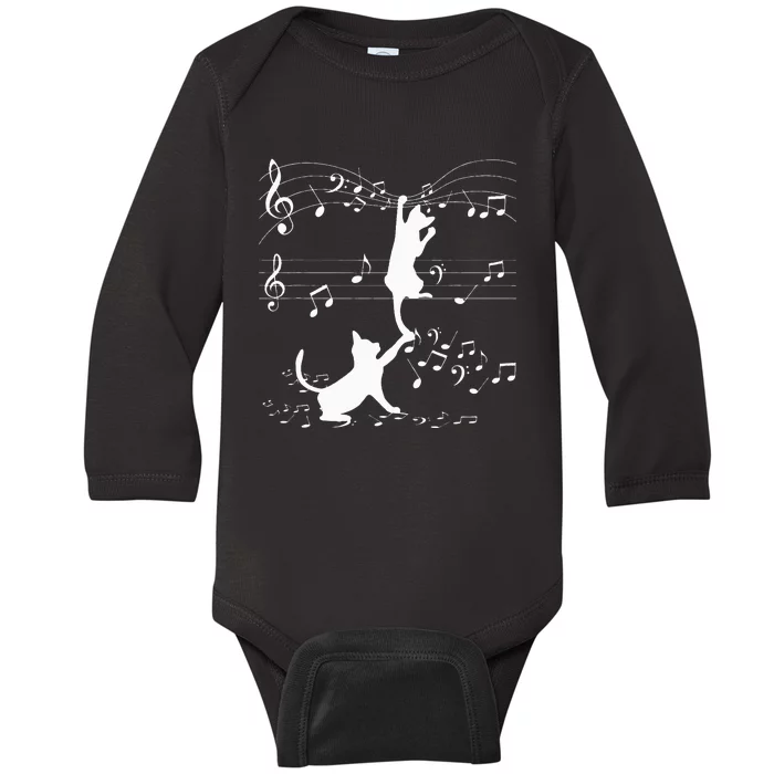 Black Cats Playing With Music Note Cat Lover Design Baby Long Sleeve Bodysuit